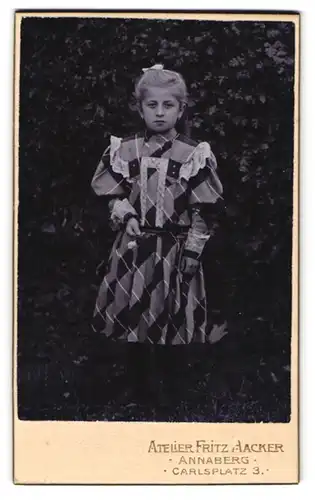 Fotografie Fritz Hacker, Annaberg, Carlsplatz 3, Junges Mädchen im karierten Kleid mit Schleife im Haar vor einer Hecke