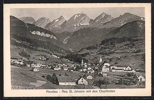 AK Nesslau, Neu St. Johann mit den Churfirsten