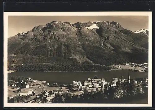 AK St. Moritz-Dorf, Ortsansicht mit See und Bergpanorama