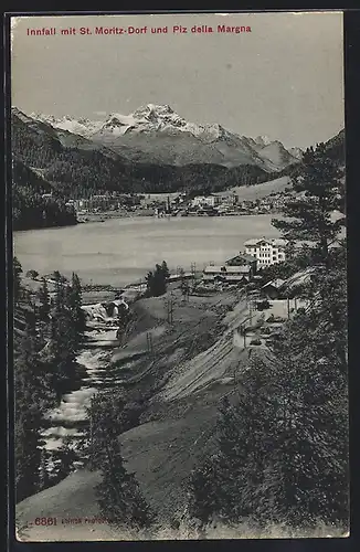 AK St. Moritz-Bad, Ortsteilansicht mit Innfall und Piz della Margna
