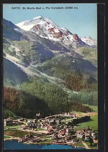 AK St. Moritz, Ortsansicht aus der Vogelschau mit Piz Corvatsch
