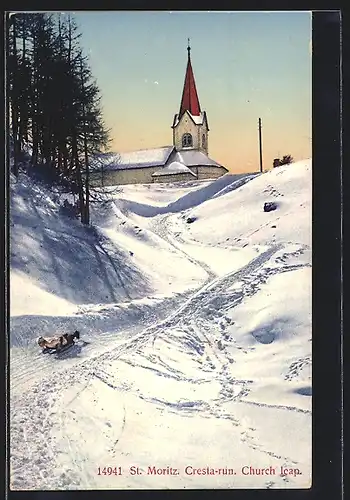 AK St. Moritz, Kirche mit Rodler im Schnee