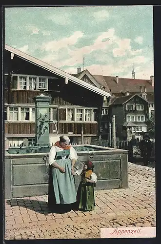 AK Appenzell, Brunnen mit Dame und Kind in Tracht