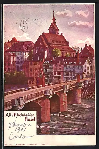 AK Basel, Partie an der Alten Rheinbrücke