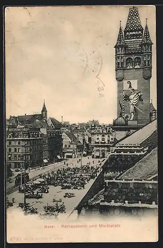 AK Basel, Rathausturm und Marktplatz