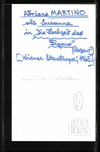 AK Opernsängerin Adriana Martino in Le Nozze di Figaro, original Autograph