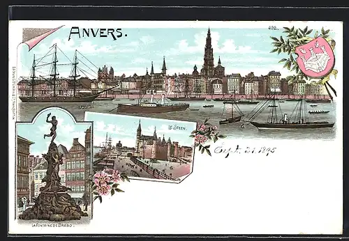 Lithographie Anvers, Panorama La Fontaine de Brabo, Le Steen
