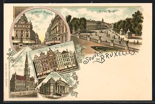 Lithographie Brüssel / Bruxelles, Boulevard Anspach, Palais Royal, Hôtel de Ville