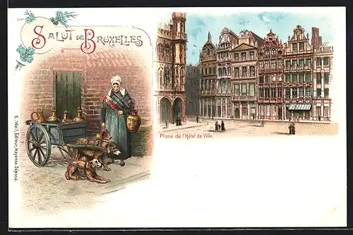 Lithographie Brüssel / Bruxelles, Place de l`Hotel de Ville