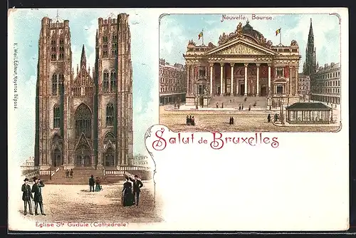 Lithographie Brüssel / Bruxelles, Eglise Ste. Gudule (Cathedrale), Nouvelle Bourse