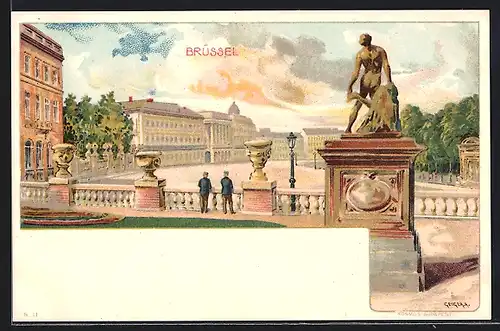 Künstler-Lithographie Richard Hegedüs-Geiger: Brüssel / Bruxelles, Platz mit Denkmal