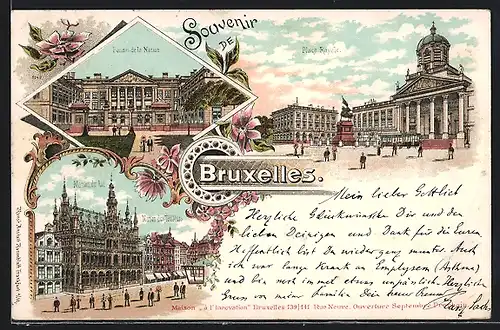 Lithographie Brüssel / Bruxelles, Palais de la Nation, Maison du Roi & Maison des Tailleurs, Place Royale