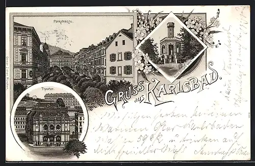Lithographie Karlsbad, Parkstrasse, Franz-Joseph`s Jöhe, Theater