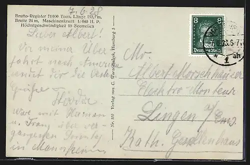 AK Schnelldampfer Hamburg der Hamburg-Amerika Linie