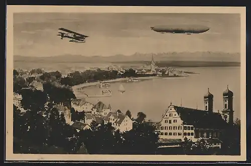 AK Zeppelin und Flugzeug über dem Bodensee