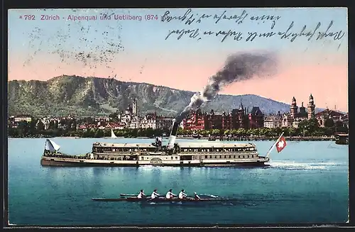 AK Zürich, Dampfer Helvetia mit Alpenquai und Uetliberg