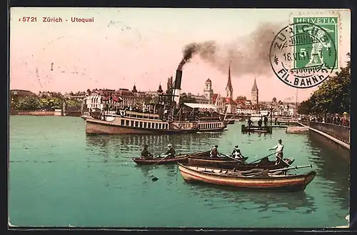 AK Zürich, Utoquai, Dampfer Speer beim Ablegen vom Hafen