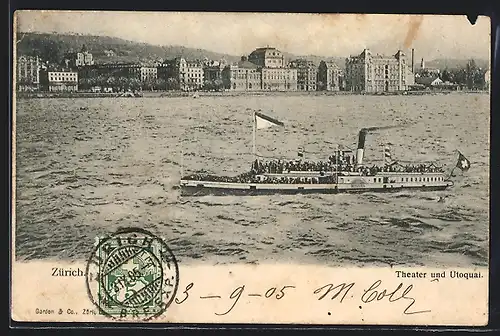 AK Zürich, Dampfer Helvetia vor Theater und Utoquai
