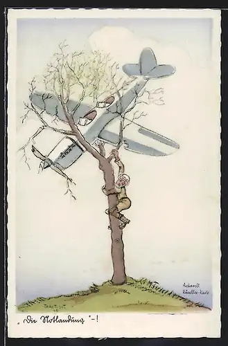 Künstler-AK Flugzeug ist in einem Baum notgelandet
