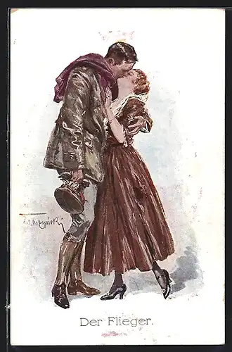 AK Der Flieger, Soldat küsst junge Dame