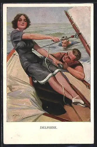 AK Delphine, Junge Dame auf einem Segelboot u. zwei Herren im Wasser