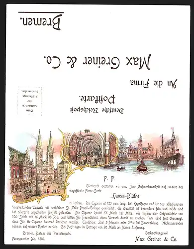 Klapp-AK Bremen, Firma Max Greiner & Co., Reklame für Cigarre Hansa-Blüthe
