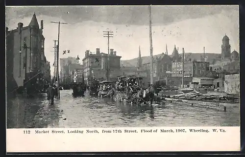 AK Wheeling, WV, Market Street looking North from 17th Street, Hochwasser 1907