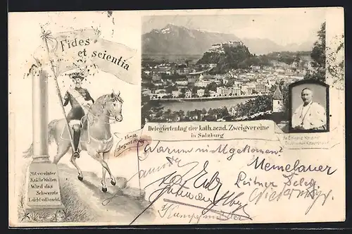 AK Salzburg, Delegiertentag der kath. acad. Zweigvereine 1904, Teilansicht, Soldat mit Fahne zu Pferde