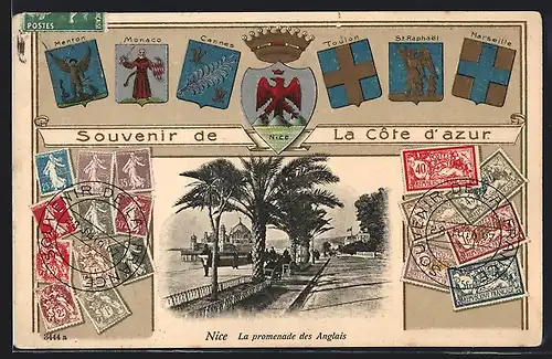 AK Nice, La promenade des Anglais, Wappen und Briefmarken
