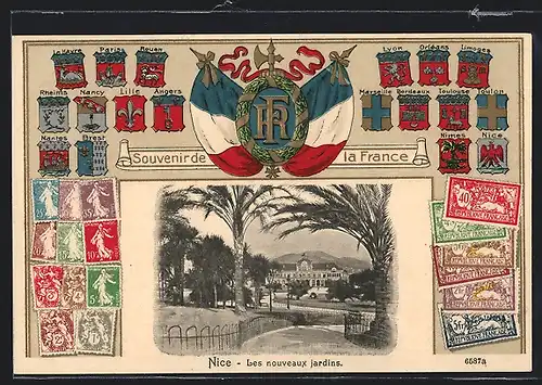 AK Nice, Les nouveaux jardins, Briefmarken mit Wappen