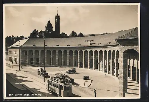 AK Zürich-Enge, Bahnhof mit Strassenbahn