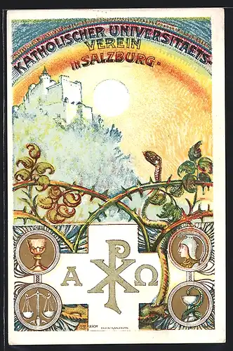 Künstler-AK Salzburg, Katholischer Universitäts-Verein, Burg mit Regenbogen