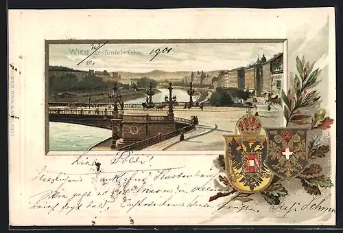 Präge-Lithographie Wien, Blick auf die Stefaniebrücke, Passepartout mit Wappen und Eichenblatt