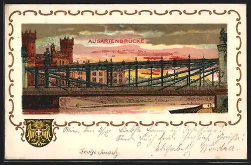 Lithographie Wien, Augartenbrücke im Abendrot, Wappen
