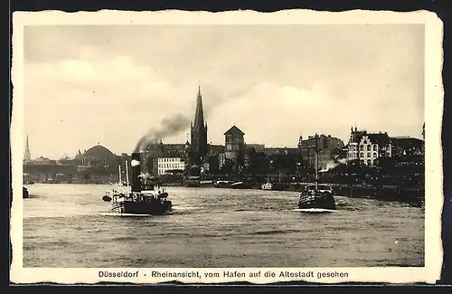 AK Düsseldorf, Rheinansicht, vom Hafen auf die Altstadt