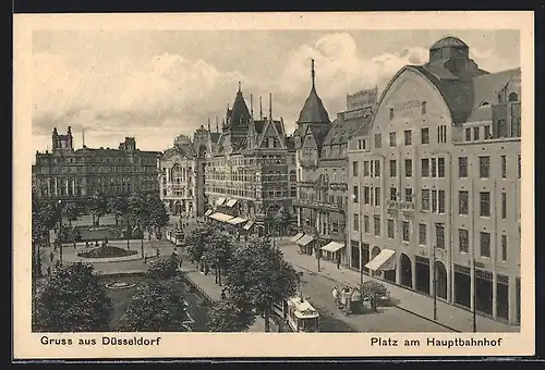 AK Düsseldorf, Platz am Hauptbahnhof mit Strassenbahnen