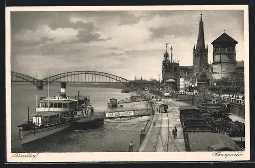 AK Düsseldorf, Rheinpartie mit Brücke und Dampfer