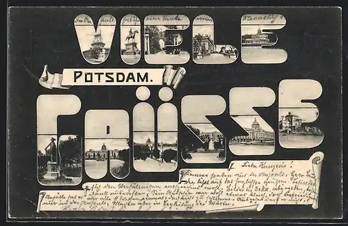 Passepartout-AK Potsdam, Reiterdenkmal, Ortspartie, Sanssouci und weitere Ansichten im Schriftzug Viele Grüsse