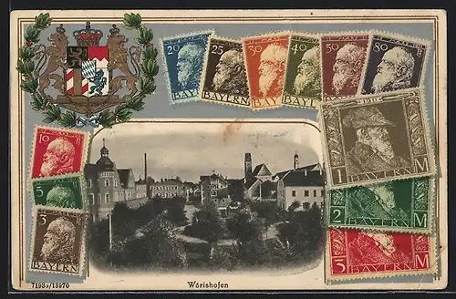 Passepartout-AK Wörishofen, Ortspartie mit Parkanlage, Briefmarken Bayerns, Wappen