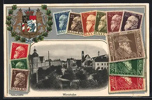 Passepartout-AK Wörishofen, Ortspartie mit Parkanlage von oben, Briefmarken Bayerns, Wappen