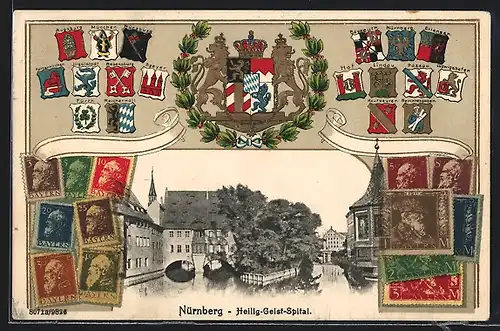 Passepartout-Präge-AK Nürnberg, Heilig-Geist-Spital, Briefmarken und Wappen