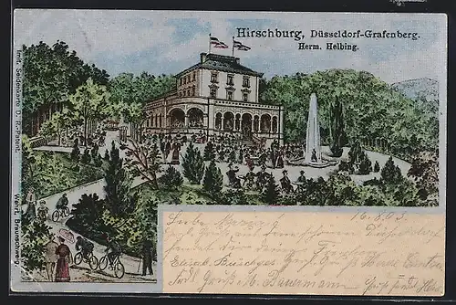 AK Düsseldorf-Grafenberg, Gaststätte Hirschburg, Gesamtansicht mit Zufahrt und Garten, Radfahrer