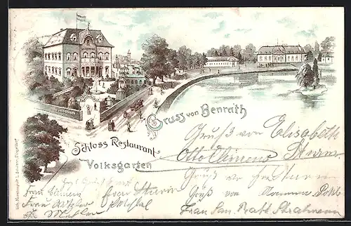 Lithographie Benrath, Schlosss-Restaurant im Volksgarten mit Uferstrasse aus der Vogelschau