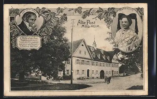 AK Müllheim, Gasthaus Alte Post mit Strasse, Markgräflerin, Portrait Joh. Peter Hebbel