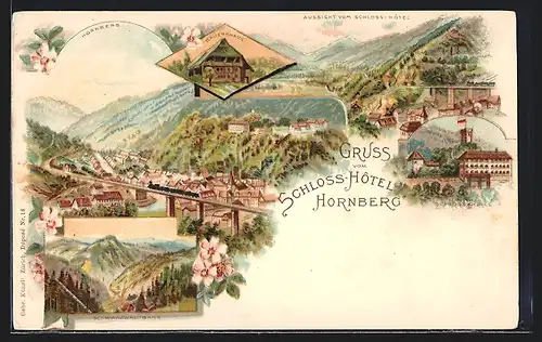 Lithographie Hornberg, Ortsansicht mit Bahnviadukt, Bauernhaus, Schloss-Hotel
