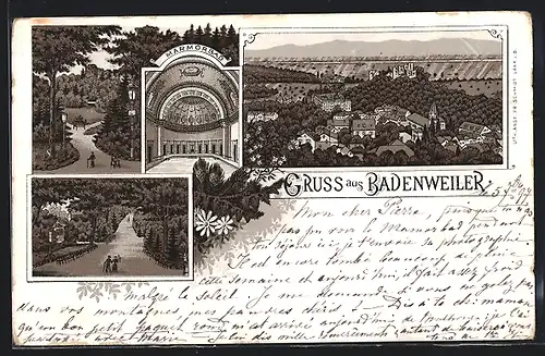 Lithographie Badenweiler, Marmorbad, Burgruine, Teilansicht aus der Vogelschau