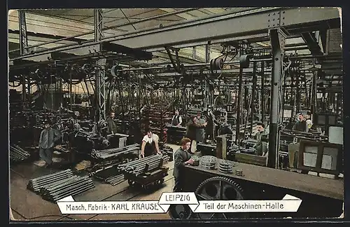 AK Leipzig, Maschinenfabrik Karl Krause, Fabrikarbeiter in der Maschinenhalle