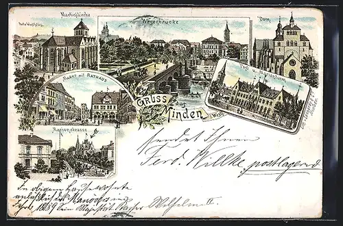 Lithographie Minden i. W., Marienstrasse, Markt mit Rathaus, Weserbrücke