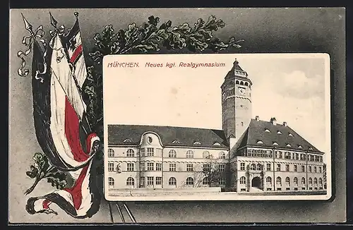 Passepartout-AK München, Neues kgl. Realgymnasium, Fahnen, Eichenlaub