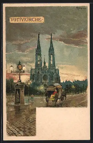 Künstler-AK sign. Rosenberger: Wien, Postkutsche vor der Votivkirche